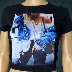 Women Crop Top Size XS Black  Decorated Pearls chains Rhinestone Stretch